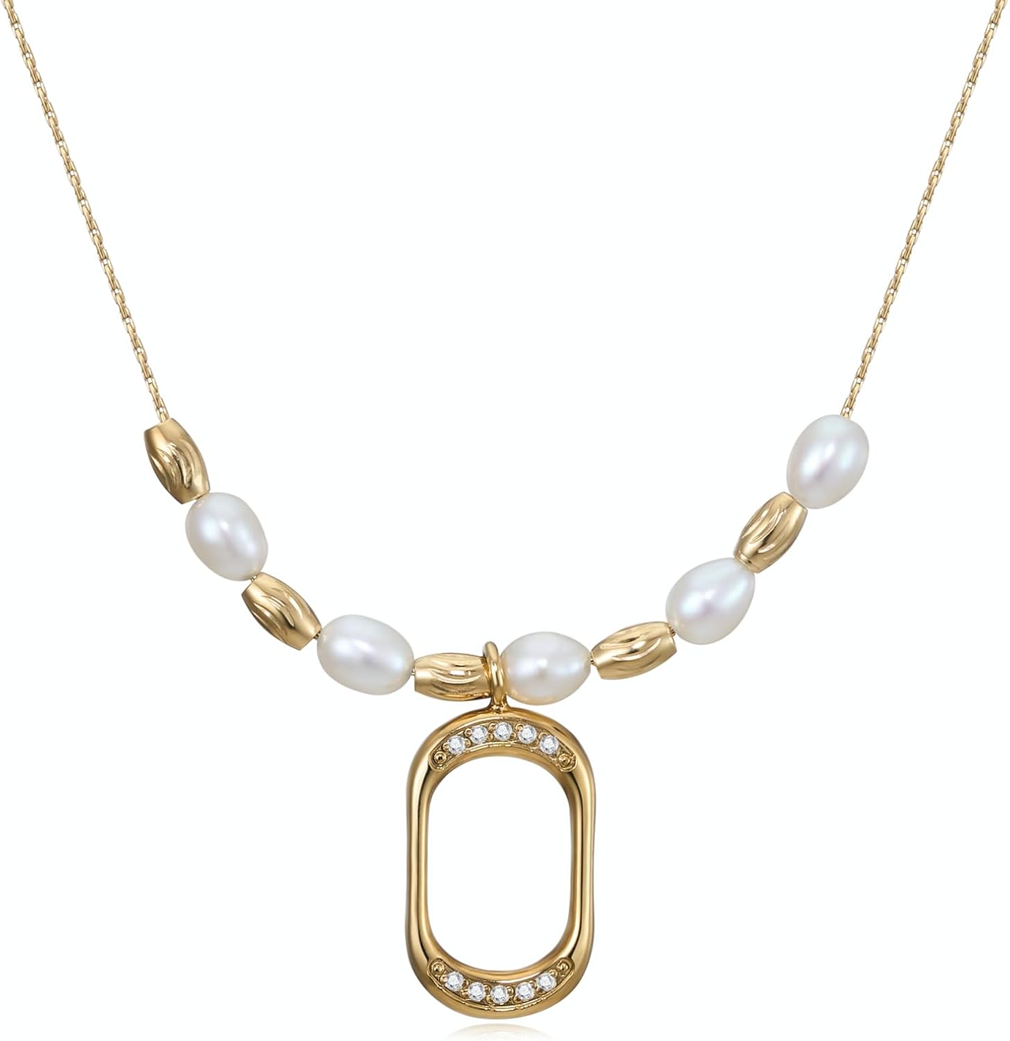 Waterproof PVD 14K Gold CZ Freshwater Pearls Necklace, Non Tarnish Hypoallergenic Dainty Everyday Jewelry Gift Women