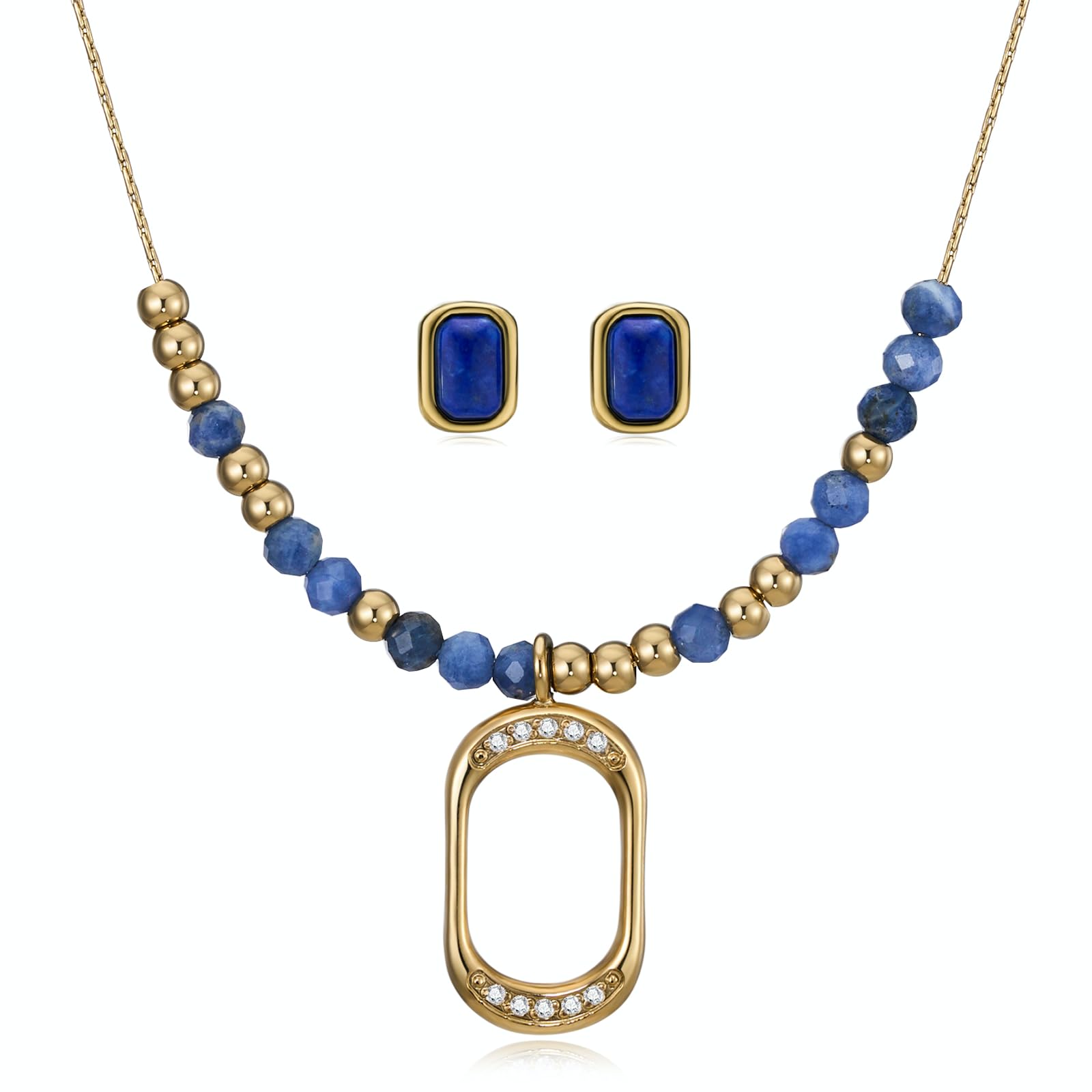 Lapis Lazuli Jewelry Collection, PVD 14K Gold Plated 316 Stainless Steel Waterproof & Non Tarnish Necklace & Earring Set