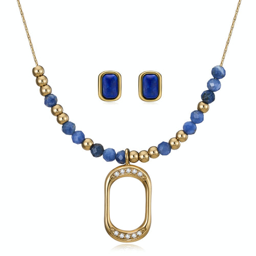 Lapis Lazuli Jewelry Collection, PVD 14K Gold Plated 316 Stainless Steel Waterproof & Non Tarnish Necklace & Earring Set