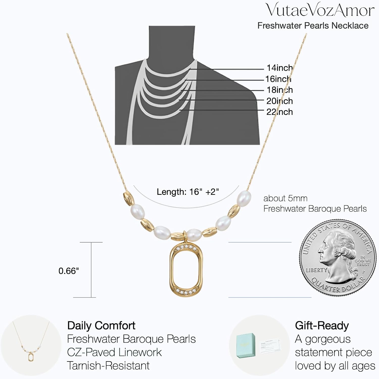 Waterproof PVD 14K Gold CZ Freshwater Pearls Necklace, Non Tarnish Hypoallergenic Dainty Everyday Jewelry Gift Women