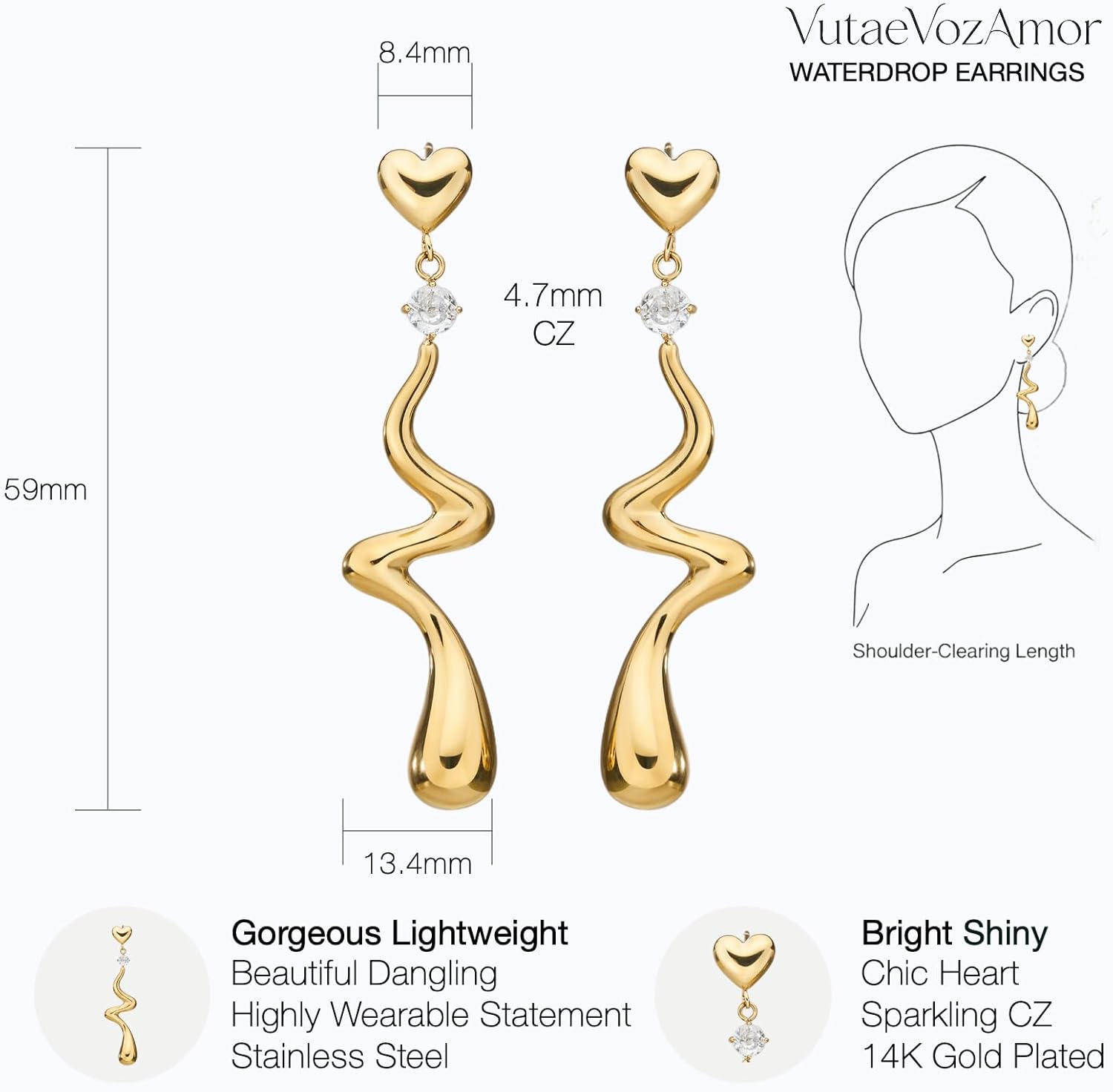 Waterproof 14K Gold Plated Dangle Earrings for Women, Irregular Liquid Metal WaterDrop Design, Stainless Steel Non Tarnish Statement Stud Drop Jewelry Gift For Sensitive Skin