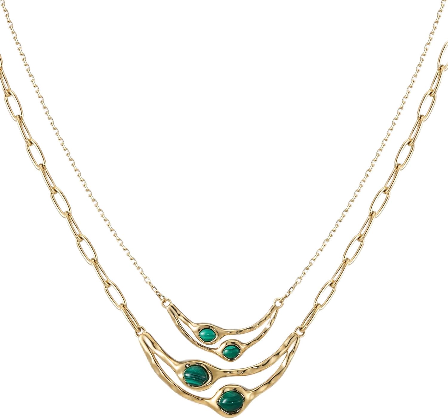 Malachite Necklace, 14K Gold PVD Plated Layered Jewelry Set, 1-Year+ Anti-Tarnish Waterproof Stainless Steel Everyday Green Stone, Well-Made Chunky Paperclip Chain Gift to Enhance Any Outfit for Women