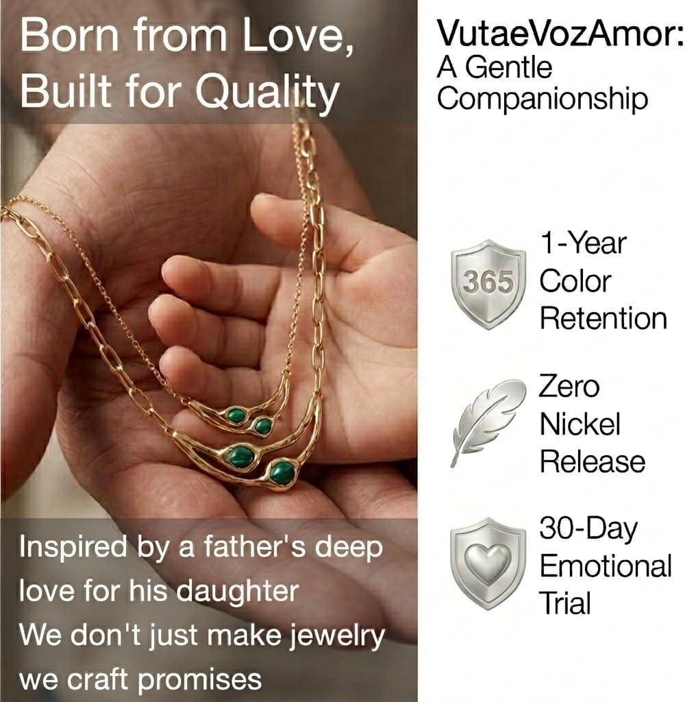 Malachite Necklace, 14K Gold PVD Plated Layered Jewelry Set, 1-Year+ Anti-Tarnish Waterproof Stainless Steel Everyday Green Stone, Well-Made Chunky Paperclip Chain Gift to Enhance Any Outfit for Women