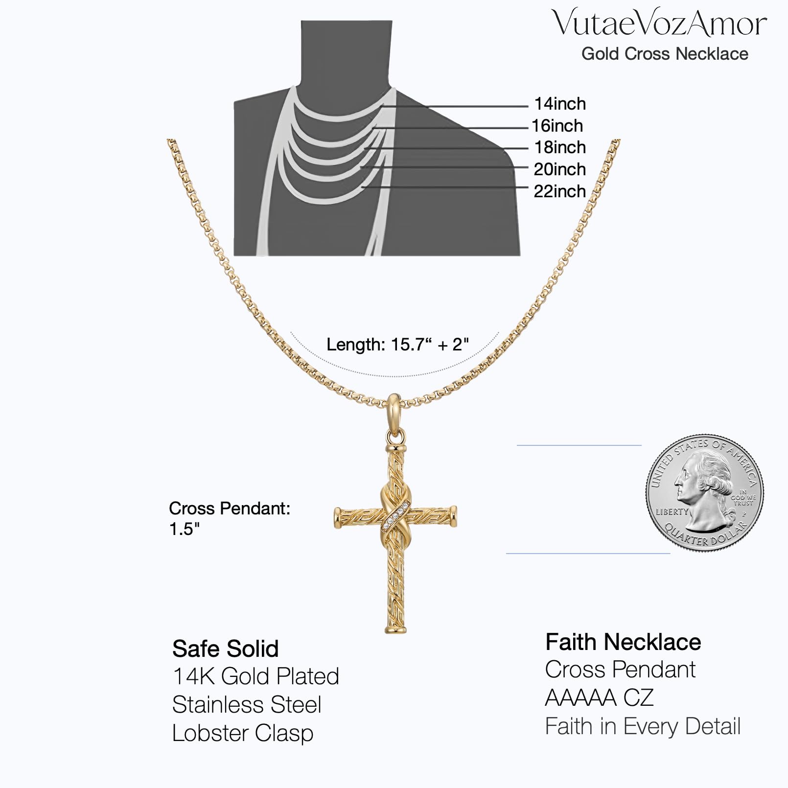 Non Tarnish Cross Necklace for Women, Waterproof PVD Gold/Silver Plated 316 Stainless Steel, Adjustable 16.5"-18" Chain, Religious CZ Christian Faith Pendant, Everyday Jewelry Gift