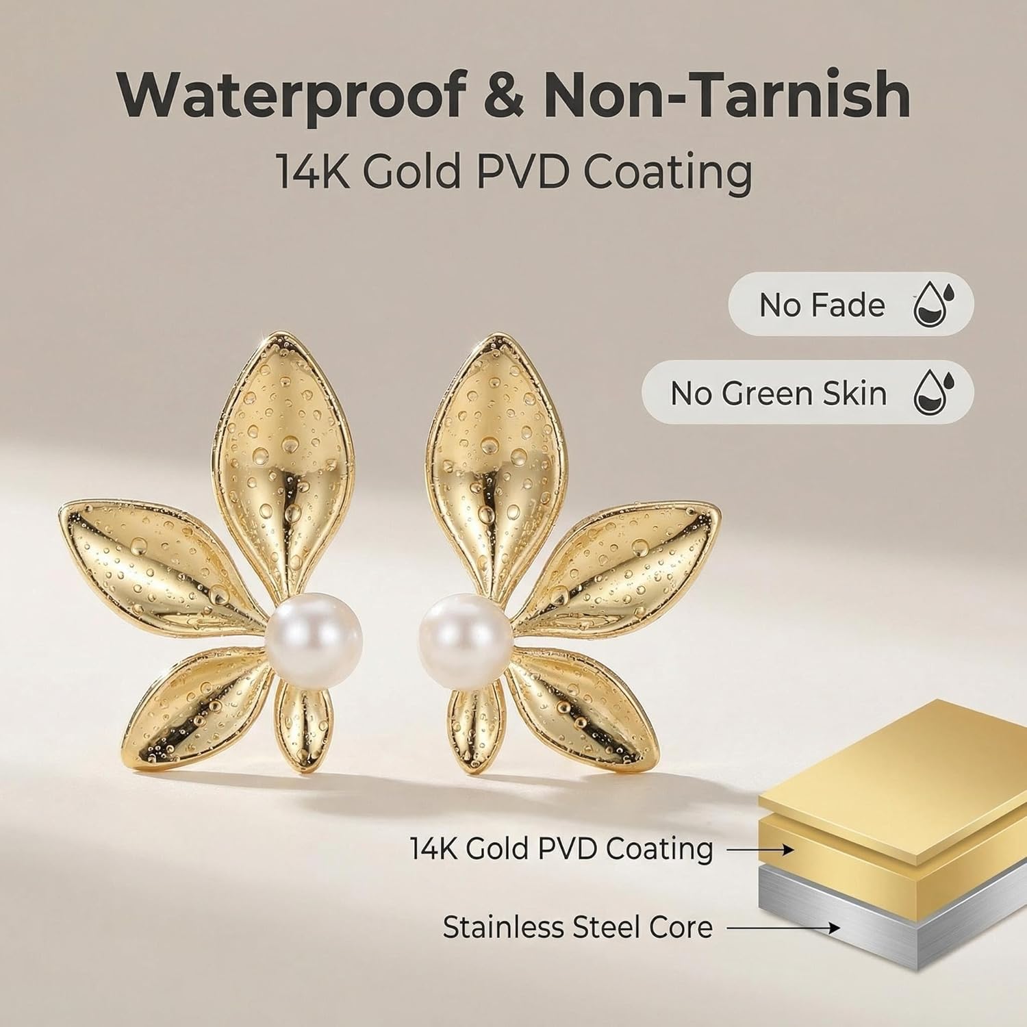 Real Freshwater Pearl Flower Earrings, 14K Gold PVD Waterproof Stainless Steel Studs, Elegant Floral Non-Tarnish Hypoallergenic Jewelry, Lightweight Comfortable Everyday Statement Gift
