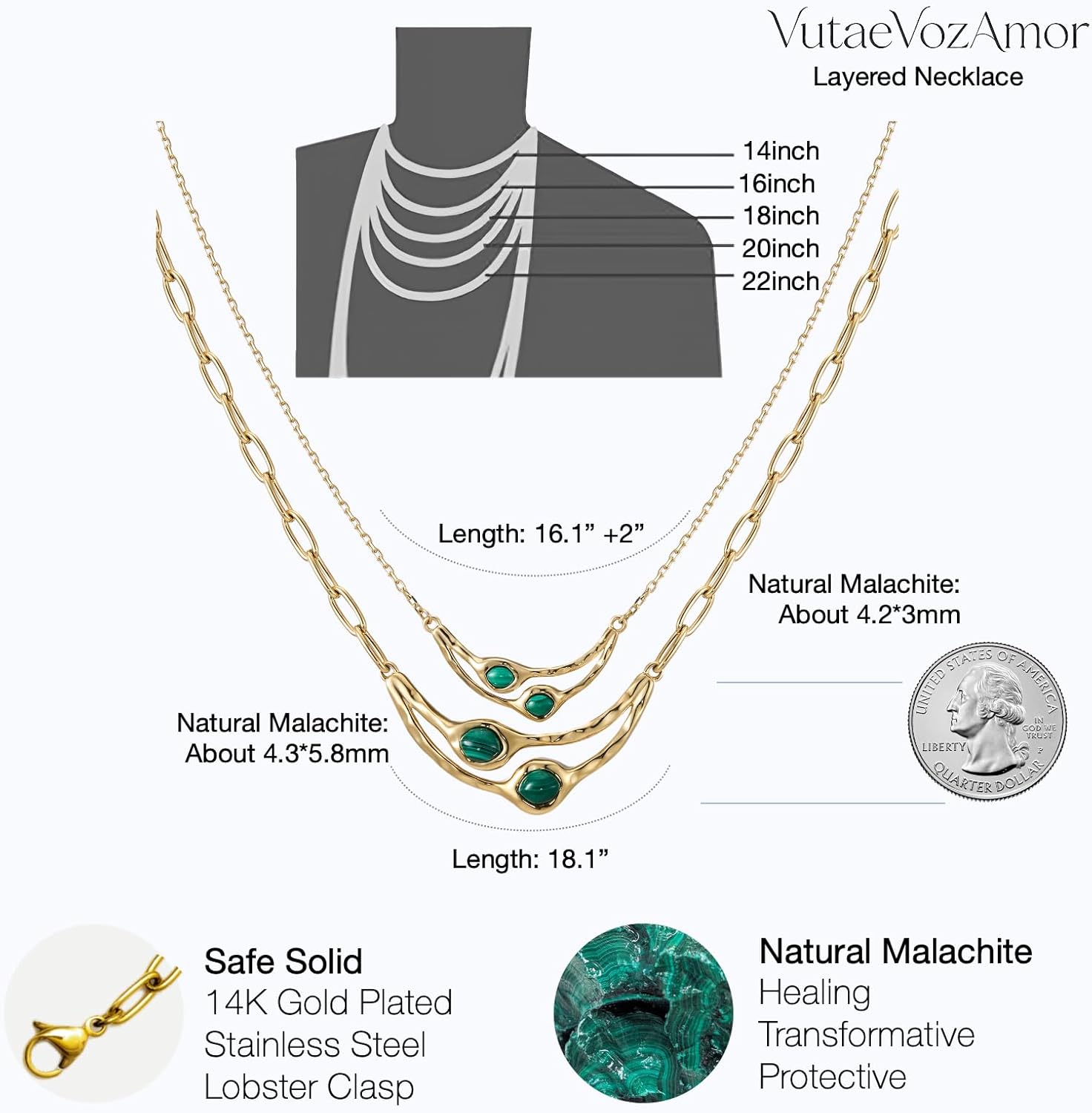 Malachite Necklace, 14K Gold PVD Plated Layered Jewelry Set, 1-Year+ Anti-Tarnish Waterproof Stainless Steel Everyday Green Stone, Well-Made Chunky Paperclip Chain Gift to Enhance Any Outfit for Women