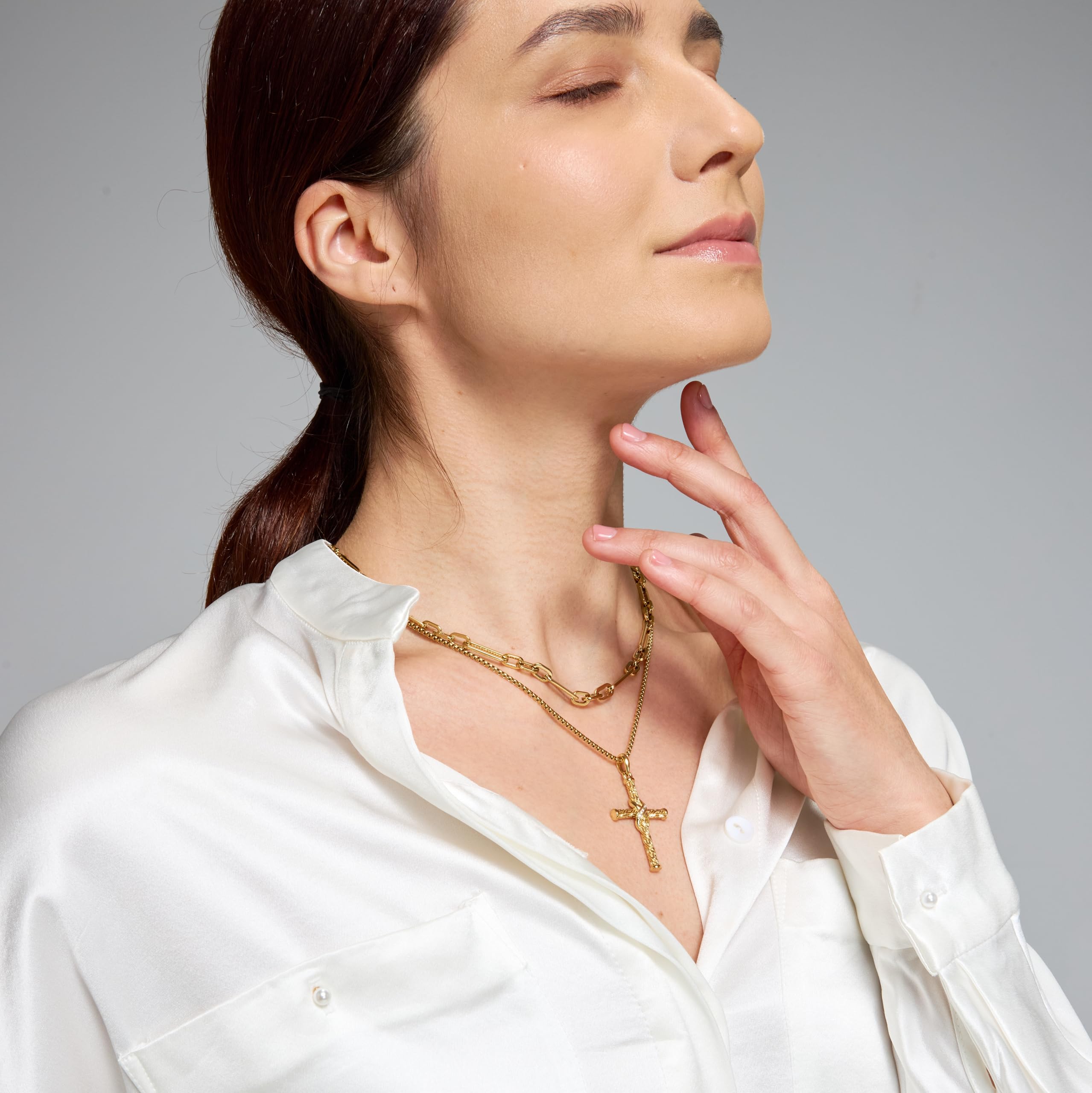 Non Tarnish Cross Necklace for Women, Waterproof PVD Gold/Silver Plated 316 Stainless Steel, Adjustable 16.5"-18" Chain, Religious CZ Christian Faith Pendant, Everyday Jewelry Gift