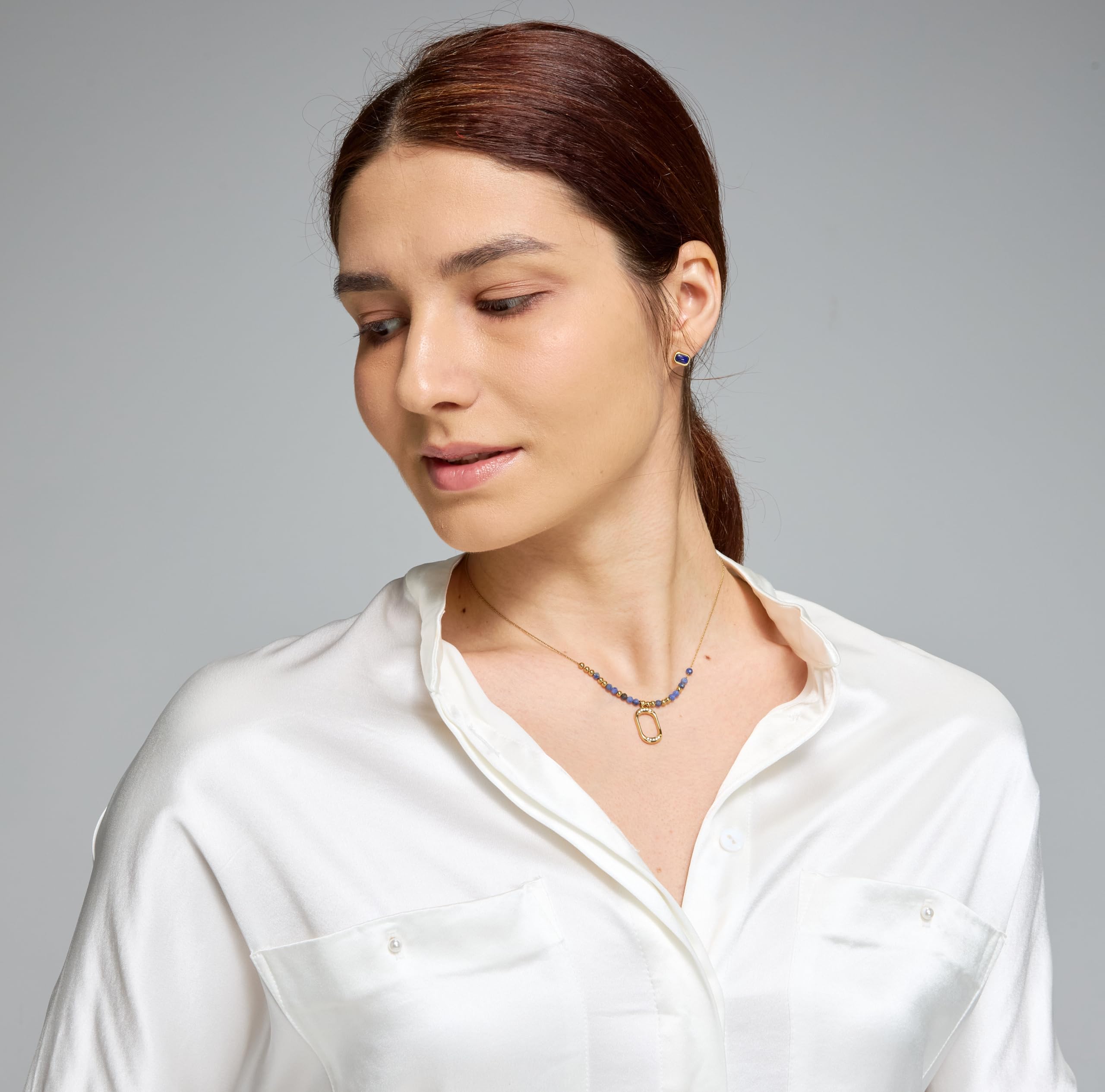 Lapis Lazuli Jewelry Collection, PVD 14K Gold Plated 316 Stainless Steel Waterproof & Non Tarnish Necklace & Earring Set