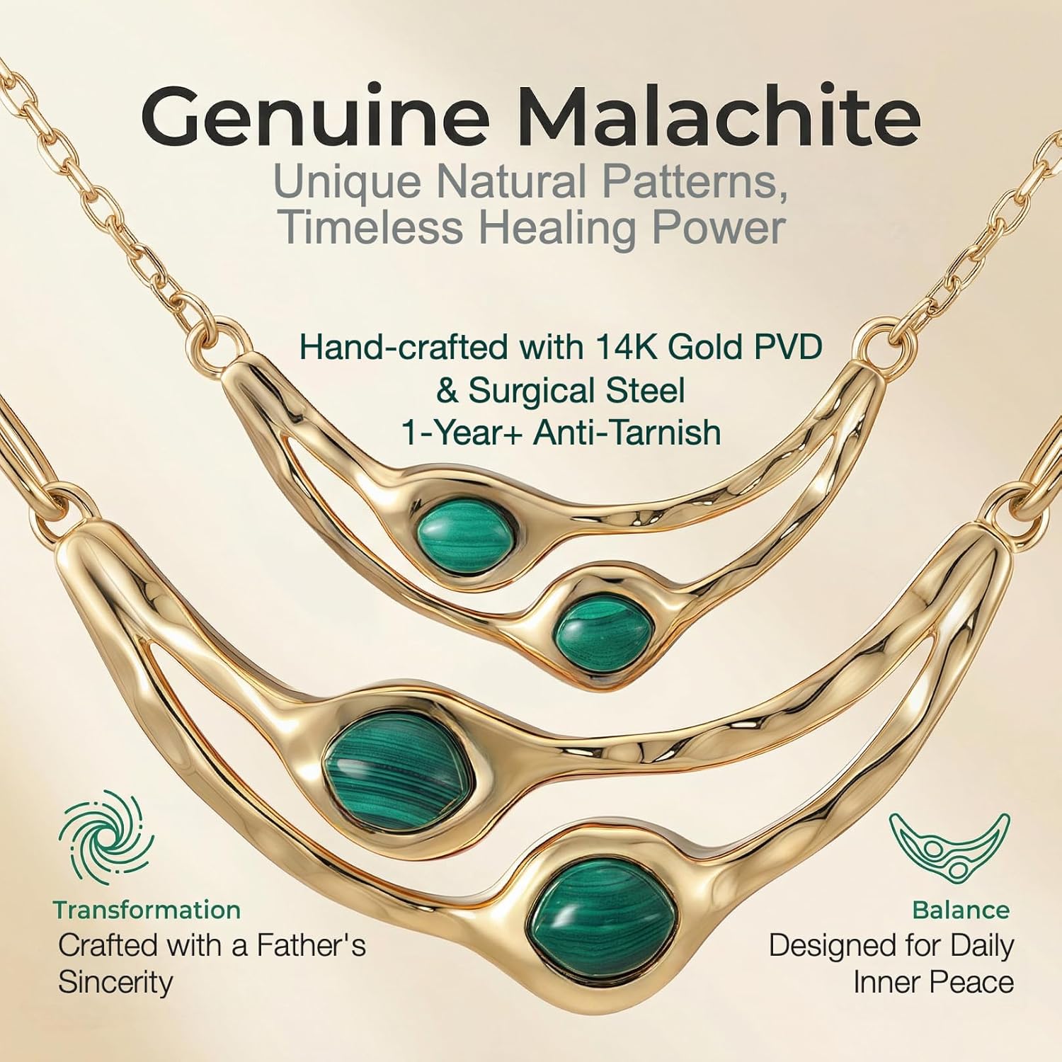 Malachite Necklace, 14K Gold PVD Plated Layered Jewelry Set, 1-Year+ Anti-Tarnish Waterproof Stainless Steel Everyday Green Stone, Well-Made Chunky Paperclip Chain Gift to Enhance Any Outfit for Women