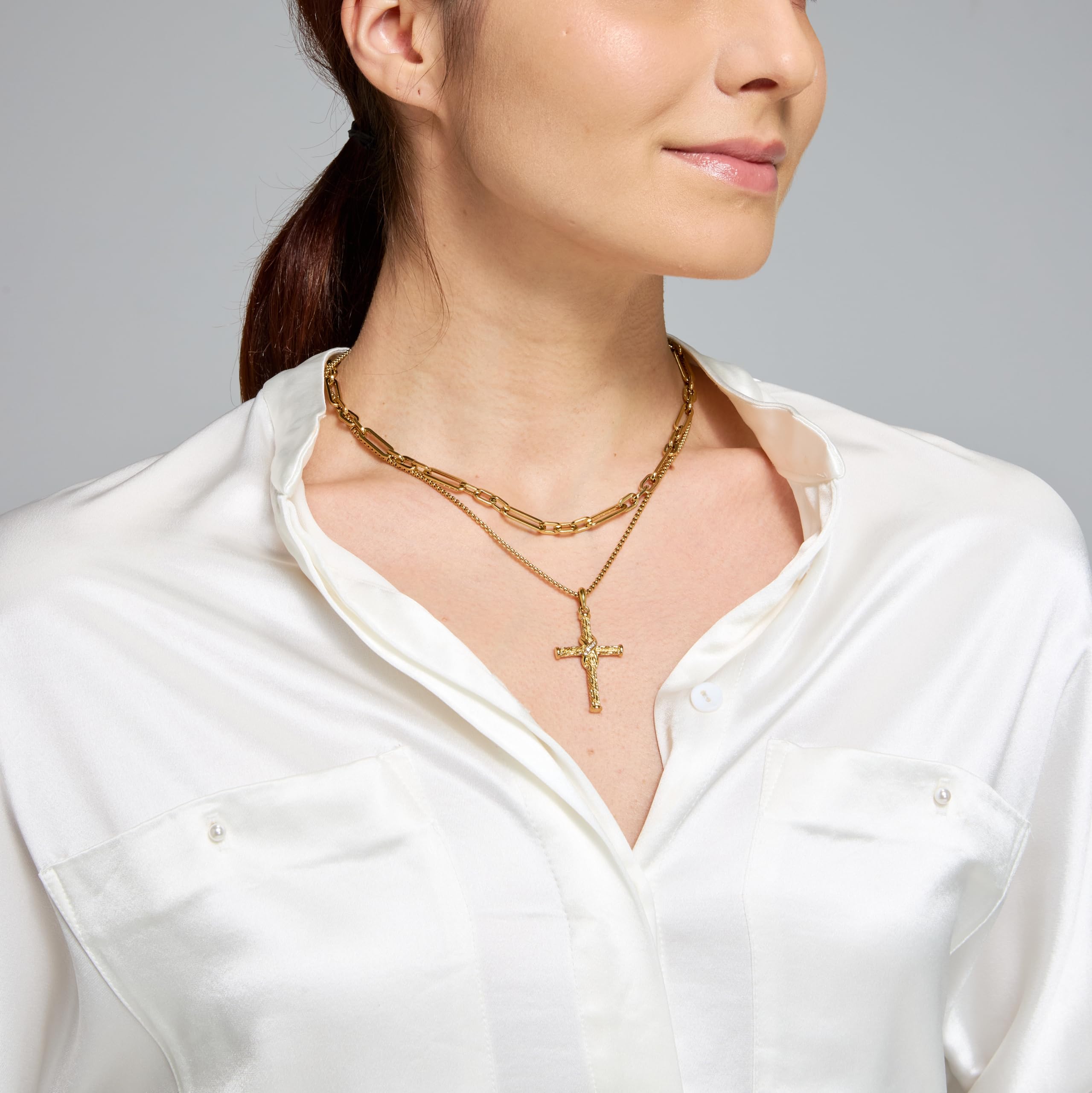 Non Tarnish Cross Necklace for Women, Waterproof PVD Gold/Silver Plated 316 Stainless Steel, Adjustable 16.5"-18" Chain, Religious CZ Christian Faith Pendant, Everyday Jewelry Gift