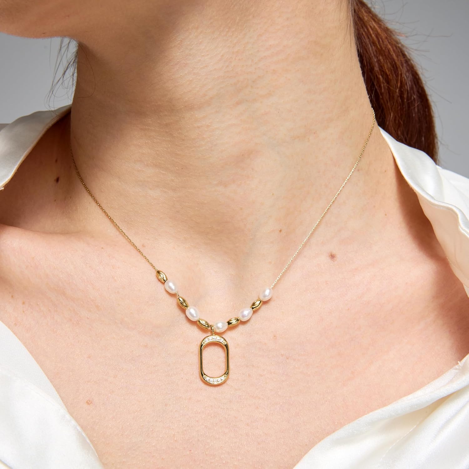 Waterproof PVD 14K Gold CZ Freshwater Pearls Necklace, Non Tarnish Hypoallergenic Dainty Everyday Jewelry Gift Women